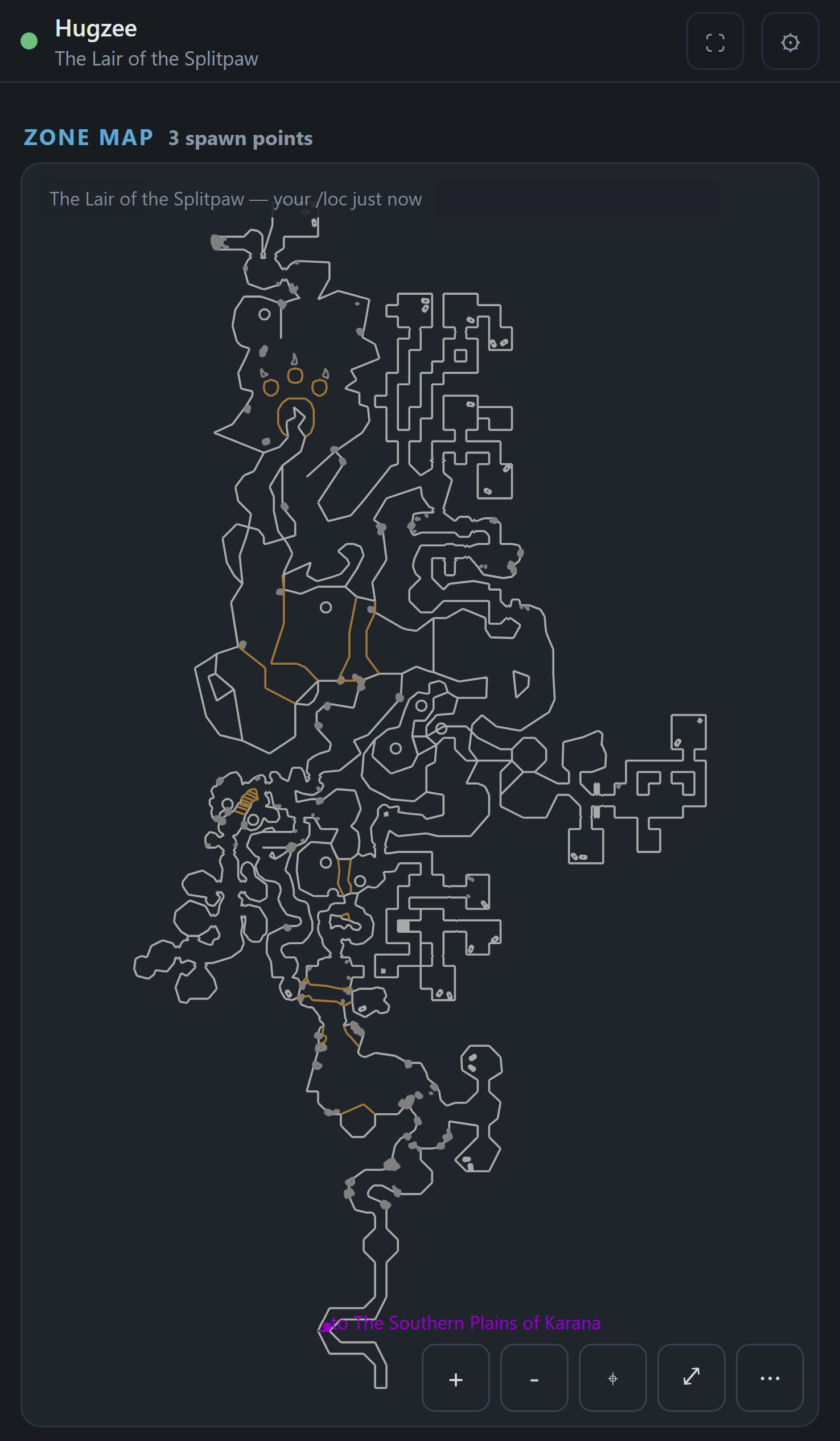 EQBuddy Mobile on a phone, showing the zone map for The Lair of the Splitpaw with spawn points and the player’s position