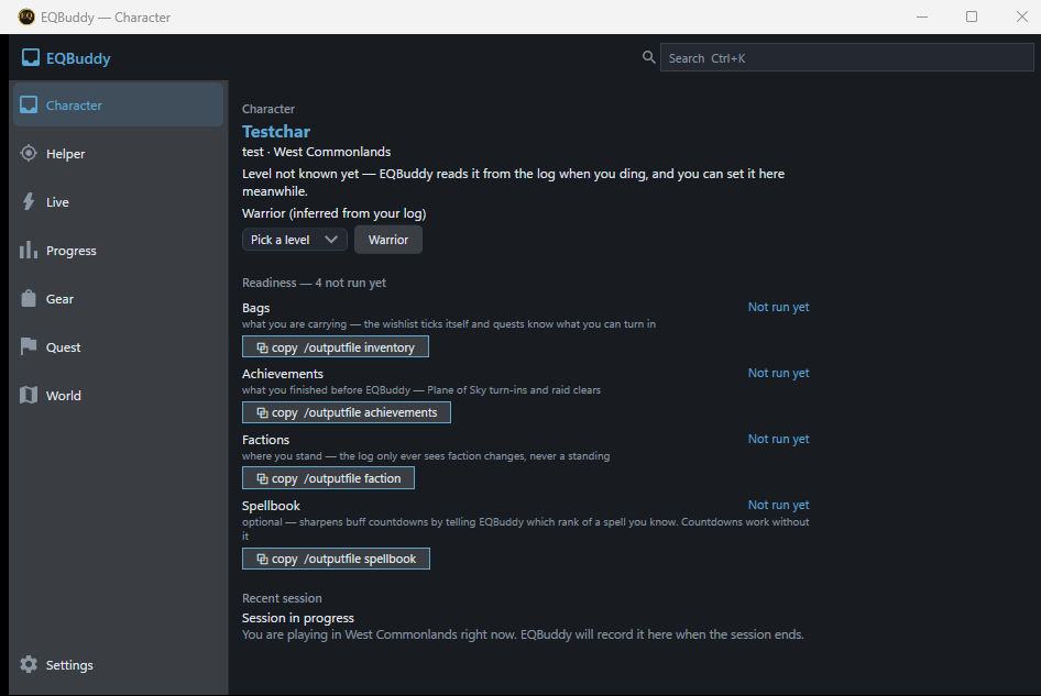 The full EQBuddy Windows application on its Character page, showing who you are playing, their class, readiness and navigation to Live, Progress, Gear, Quests and World