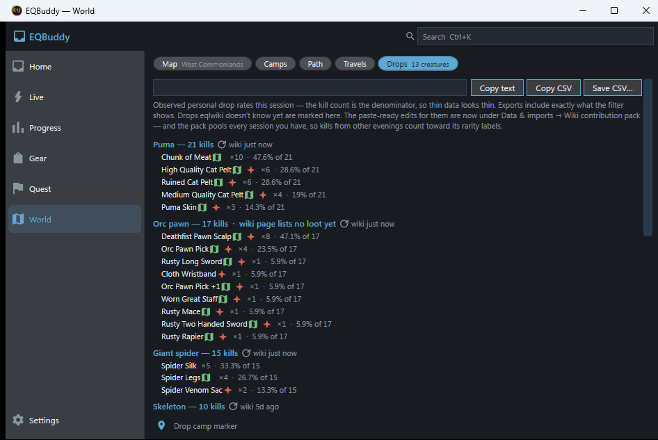 The World page’s Drops tab: per-creature kill counts with observed drop rates, and drops the wiki doesn’t know yet marked for contribution