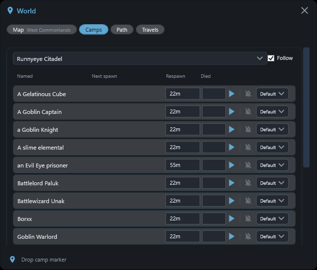 The World window’s Camps tab: Runnyeye Citadel’s named spawns listed with editable respawn timers, a Died column and per-mob alert controls